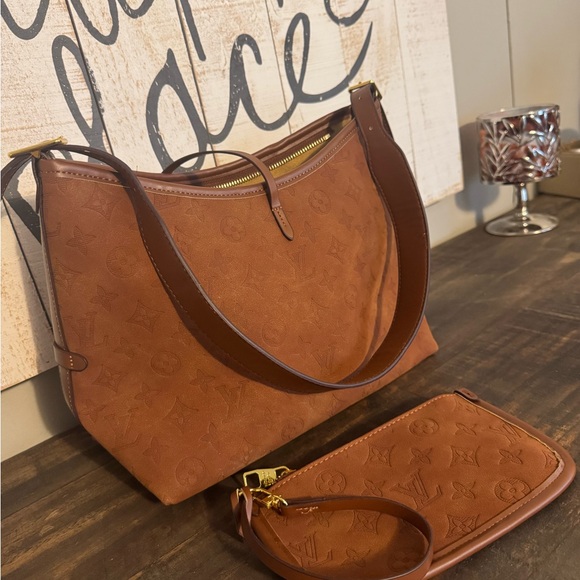 Handbags - Tan Suede Shoulder Bag with Matching Pouch